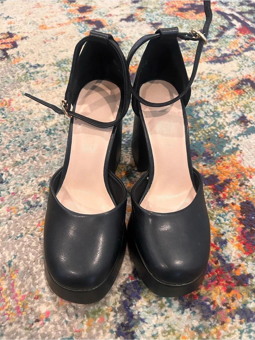 Women's Black Ankle-Strap Block Heel Pumps
